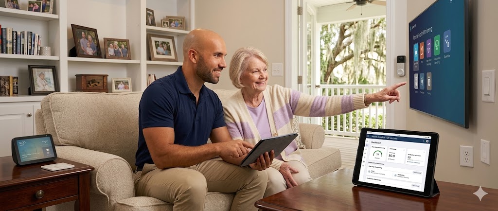 The founder of Summerville Tech Concierge helping a senior with her tablet, smart TV, and connected home devices